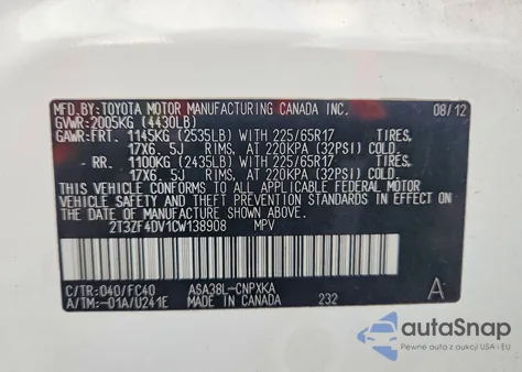 2012 Toyota Rav4 from USA, damaged, VIN 2T3ZF4DV1CW138908